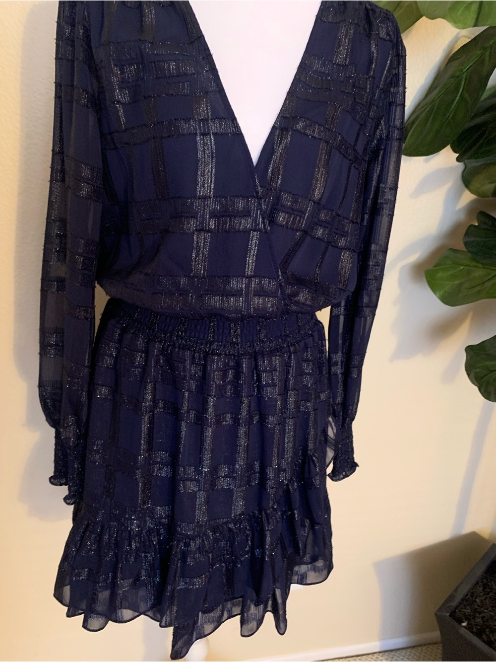 MICHAEL Michael Kors Black Metallic Plaid Long-Sleeve Ruffle Dress